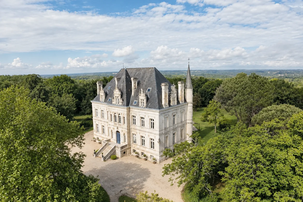 Aerial view of Château de la Valouze and its parkland from three-quarters